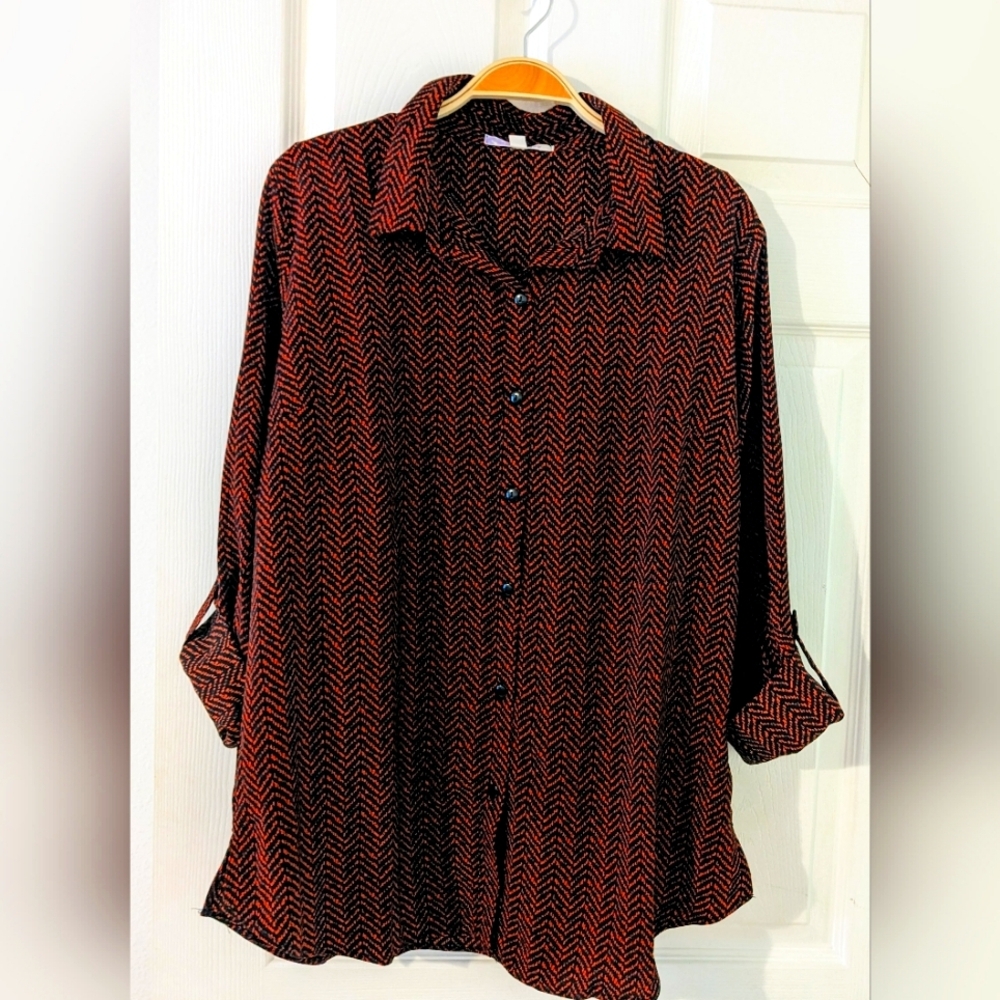 Chevron Print Blouse Roll Tab Sleeve Collared Button Down Tunic Top‎ XXL NWT